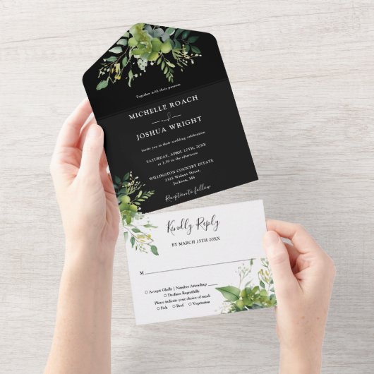 緑の黒と白のモノグラム結婚の オールインワン招待状 (貼ってはがせる)