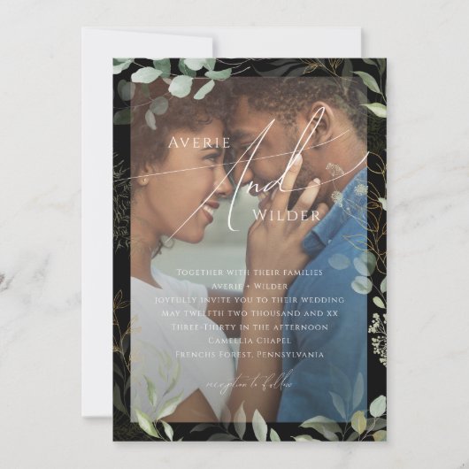 緑の黒と金ゴールドのリースの写真結婚枠 招待状 (正面)