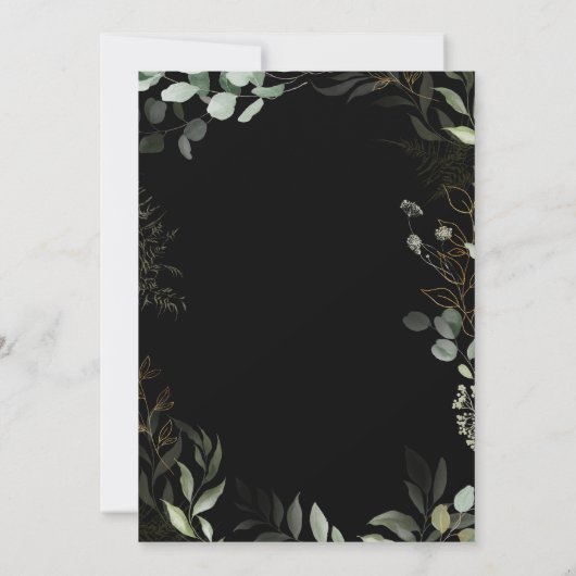 緑の黒と金ゴールドのリースの写真結婚枠 招待状 (裏面)