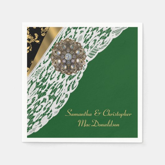 緑の黒と金ゴールドの白結婚レース スタンダードカクテルナプキン (正面)