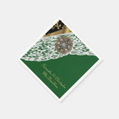 緑の黒と金ゴールドの白結婚レース スタンダードカクテルナプキン (角)