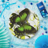 緑の黒と黄色の蝶のアートワークがスクロール ペーパープレート (パーティー)