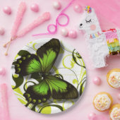 緑の黒と黄色の蝶のアートワークがスクロール ペーパープレート (パーティー)