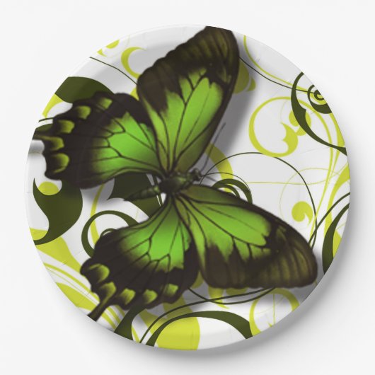 緑の黒と黄色の蝶のアートワークがスクロール ペーパープレート (正面)