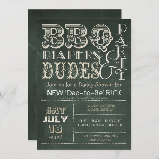 緑の黒板BBQおむつ&DUDESベビーシャワー 招待状 (正面/裏面)