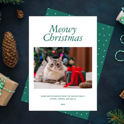 緑の"Meowy Christmas"の写真パーソナライズされた シーズンカード
