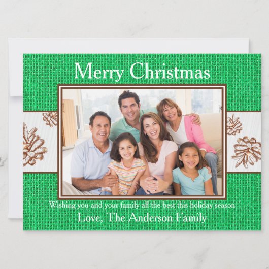 緑のBurlap Pinecones写真 – 6x8クリスマスカード シーズンカード (正面)