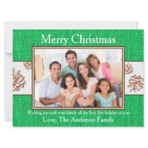 緑のBurlap Pinecones写真 – 6x8クリスマスカード