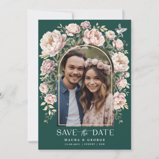 緑のChinoiserieフローラ鳥の写真の日付を保存 招待状 (正面)