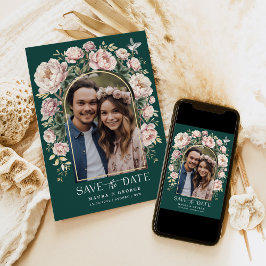 緑のChinoiserieフローラ鳥の写真の日付を保存 招待状