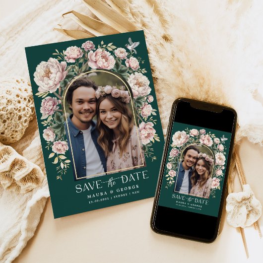 緑のChinoiserieフローラ鳥の写真の日付を保存 招待状