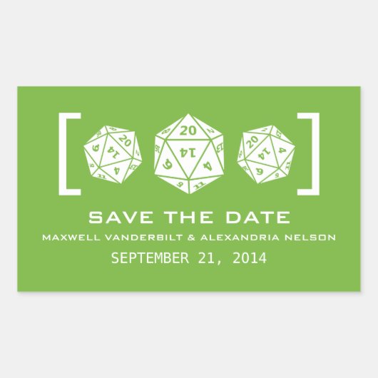 緑のD20サイコロ ゲーマー向け Save the Date ステッカー (正面)