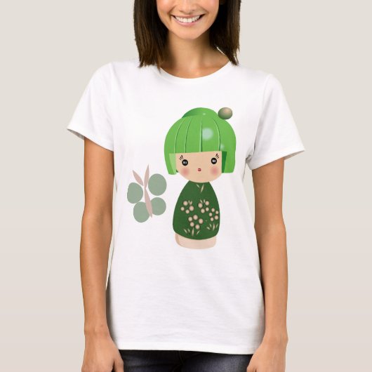 緑のKokeshiの三重項の細い肩ひもの上 Tシャツ (正面)