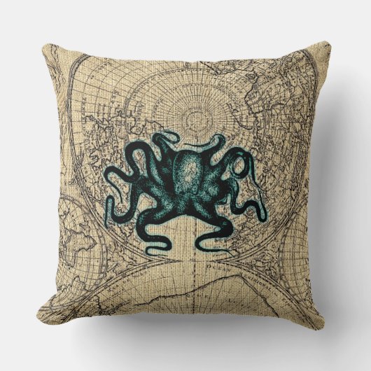 緑のKrackenのイラストレーションの地図の沿岸蜂蜜色 ランバークッション (正面)