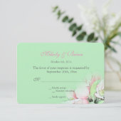 緑のrsvpの美しいピンクのリンゴの結婚花 出欠カード (スタンド正面)