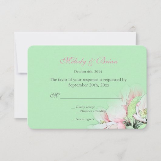緑のrsvpの美しいピンクのリンゴの結婚花 出欠カード (正面)