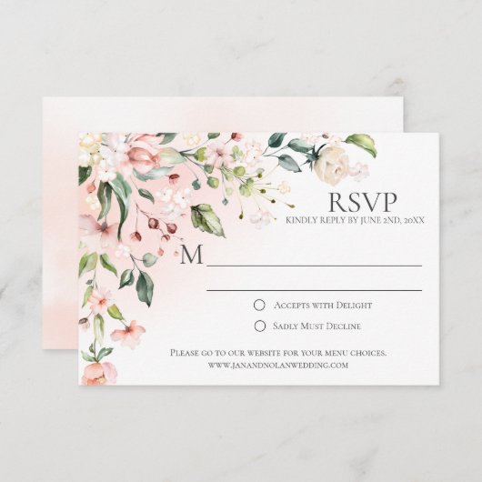 緑のRSVPカード付きピンクと白の花 出欠カード (正面/裏面)
