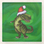 緑のSanta HatのTRex ガラスコースター (正面)