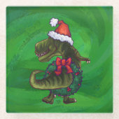 緑のSanta HatのTRex ガラスコースター (正面)