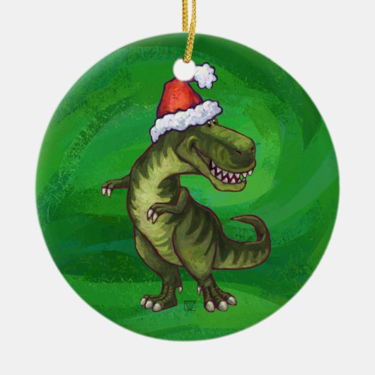 緑のSanta HatのTRex セラミックオーナメント (正面)