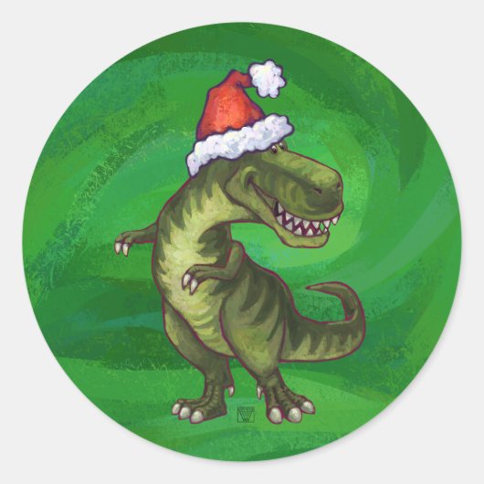 緑のSanta HatのTRex ラウンドシール (正面)