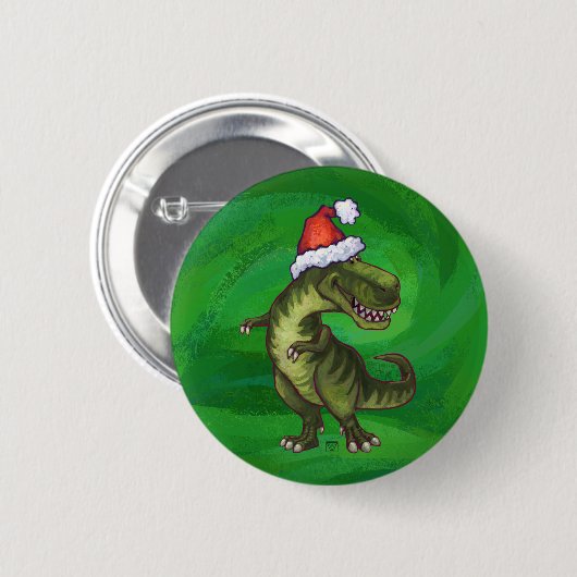 緑のSanta HatのTRex 缶バッジ (正面&裏面)