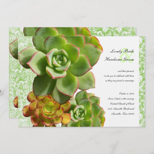 緑のSucculentsのヴィンテージのダマスク織の結婚式招待状 招待状 (正面/裏面)