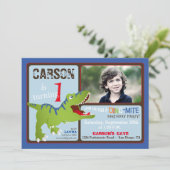 緑のTレックスの恐竜の最初誕生日の招待 招待状 (スタンド正面)