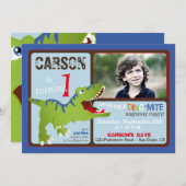 緑のTレックスの恐竜の最初誕生日の招待 招待状 (正面/裏面)