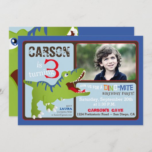 緑のTレックスの恐竜の第3誕生日の招待 招待状 (正面/裏面)