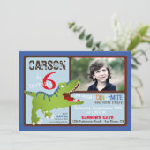 緑のTレックスの恐竜の第6誕生日の招待 招待状 (スタンド正面)