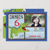 緑のTレックスの恐竜の第6誕生日の招待 招待状 (正面/裏面)