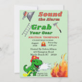 緑のTレックス消防士の4歳誕生日パーティー招待状 招待状 (正面)