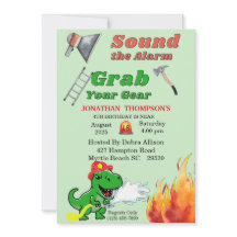 緑のTレックス消防士の4歳誕生日パーティー招待状