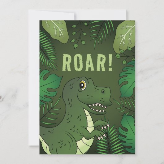 緑のT-Rex恐竜のロアテキスト誕生日パーティー 招待状 (正面)