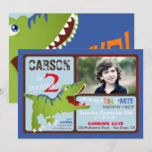 緑のT-Rex恐竜2歳の誕生日招待状 招待状 (正面/裏面)