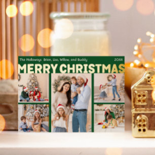 緑はっきりしたモダンの5写真メリークリスマス金ゴールド 箔シーズンカード