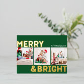 緑はっきりしたモダン3枚の写真と明メリーるい金ゴールド 箔シーズンポストカード (立ち正面)