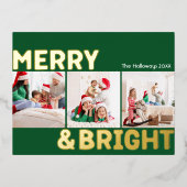 緑はっきりしたモダン3枚の写真と明メリーるい金ゴールド 箔シーズンポストカード (正面)