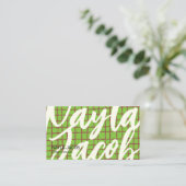 緑はっきりした茶色チェックパターンQRコード手作り 名刺 (スタンド正面)