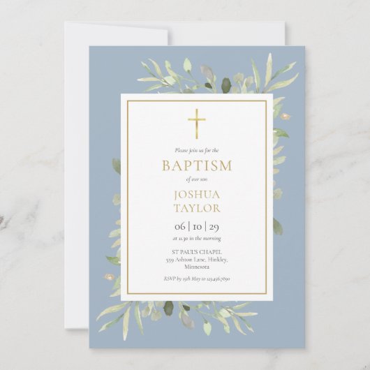 緑ほこりっぽいブルーバプテスマ《キリスト教》洗礼式や命名式QRコード 招待状 (正面)