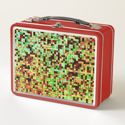 緑ぼやけとオレンジの小さな正方形またはタイル メタルランチボックス (正面)