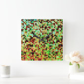 緑ぼやけと茶色の小さな正方形またはタイル スクエア壁時計 (ホーム)