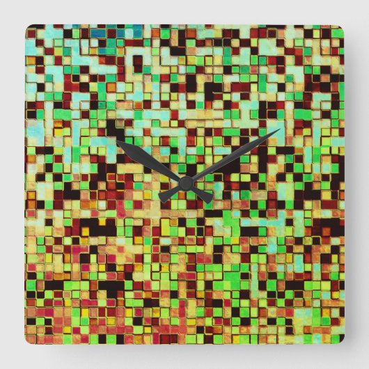 緑ぼやけと茶色の小さな正方形またはタイル スクエア壁時計 (正面)