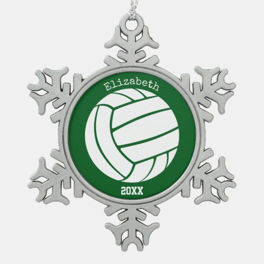 緑または任意の色の女の子の記念バレーボール スノーフレークピューターオーナメント (正面)