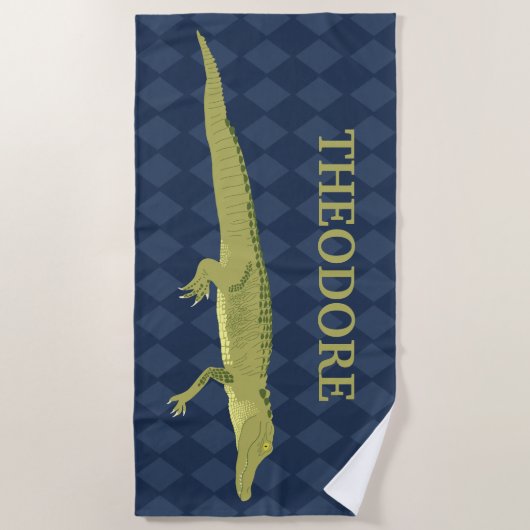 緑アリゲーター、ネイビーブルーパーソナライズされた背景 ビーチタオル (正面)