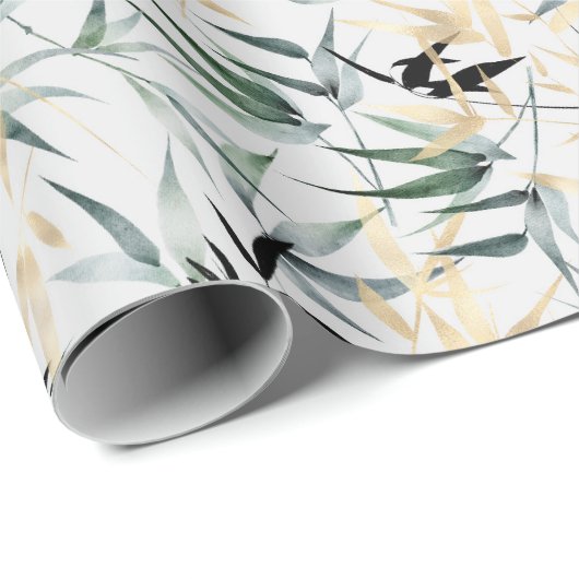 緑アートと黄色の竹の葉木の ラッピングペーパー (ロールコーナー)