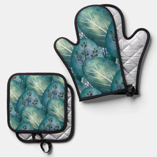 緑アートの葉模様 鍋つかみ&鍋敷きセット (正面/裏面)
