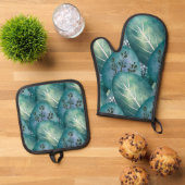 緑アートの葉模様 鍋つかみ&鍋敷きセット