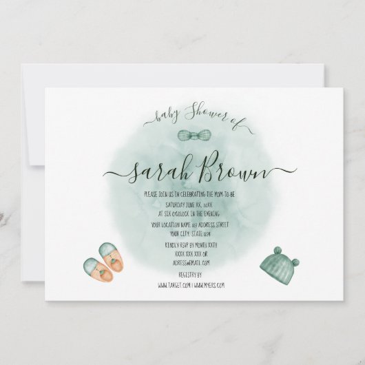 緑エレガントとオレンジの水色の赤ちゃんシャワー 招待状 (正面)